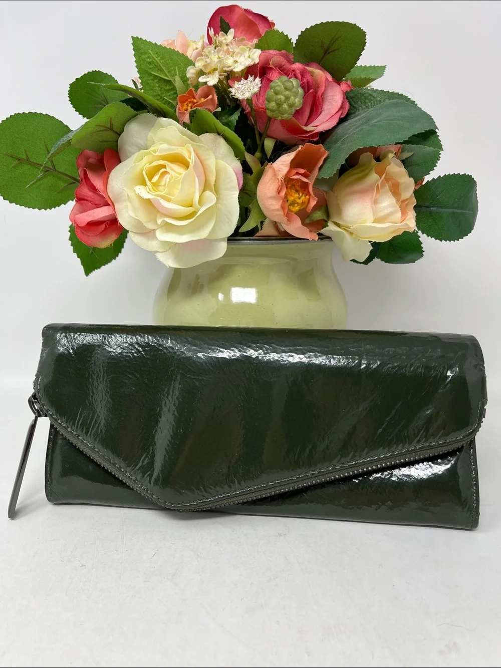 HOBO INTERNATIONAL CLUTCH WALLET ASYMMETRICAL ZIPPER PATENT LEATHER FOREST GREEN